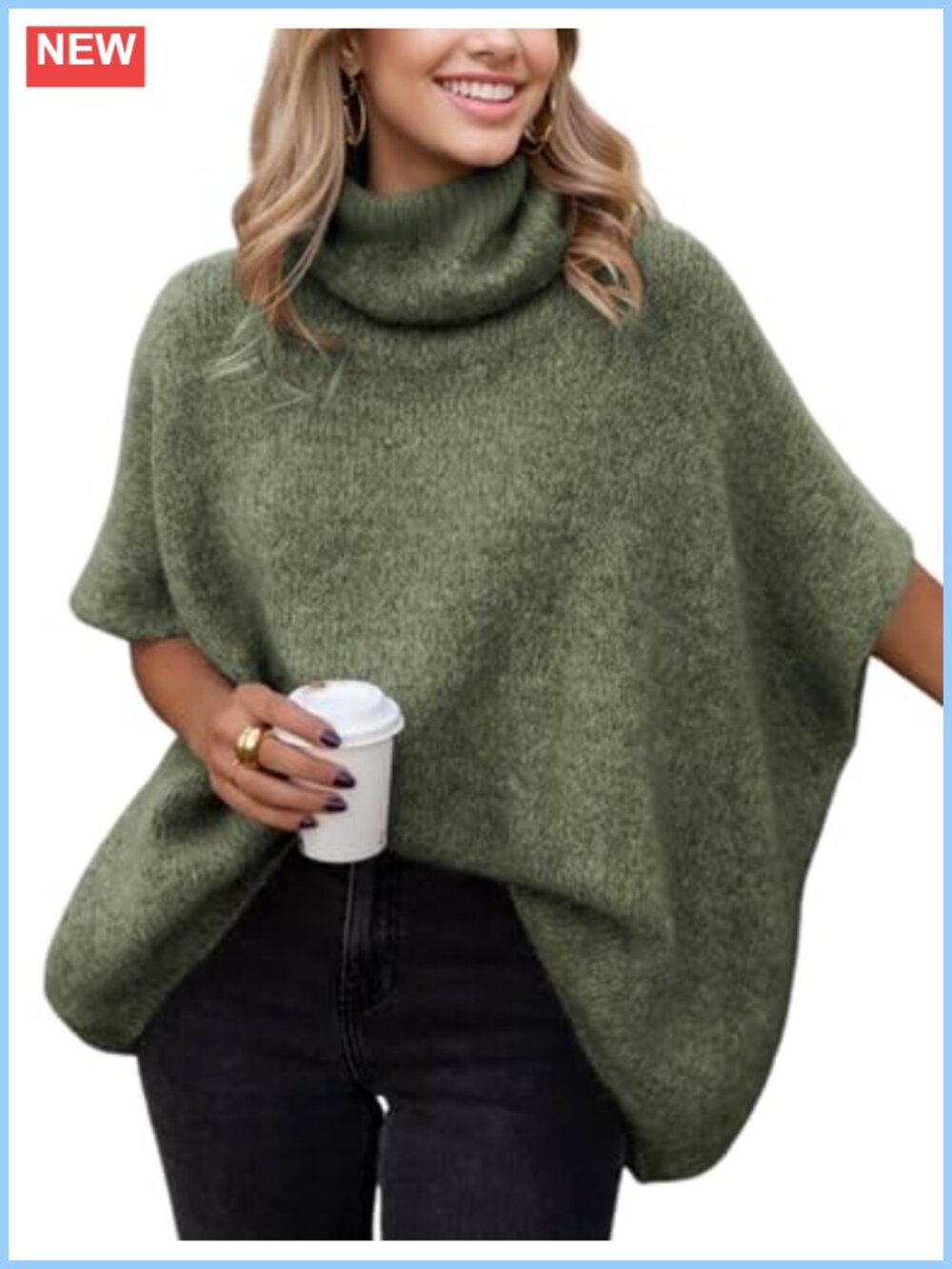 Oversized Turtleneck Batwing Sleeve Knit Pullover Sweater for Women